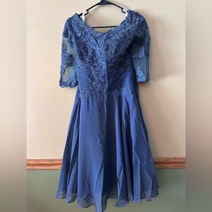 JJs House Blue Lace-Accented Long Sleeve Evening Dress mother of Bride dress